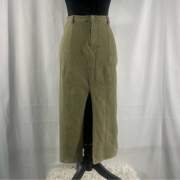 Dresses & Skirts - Edit by nine olive,army green stretch denim midi skirt with front slit,Large